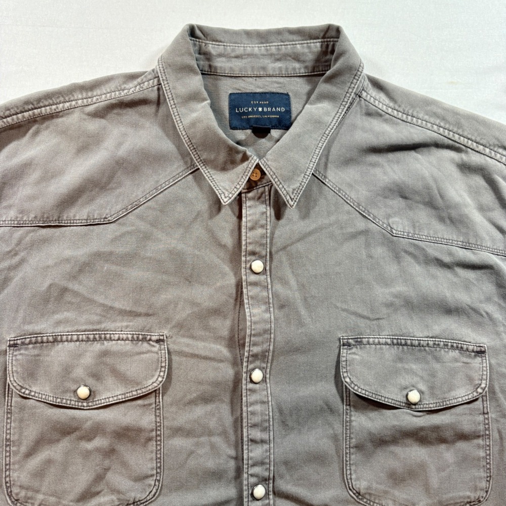 Lucky Brand Western Shirt Mens XL Gray Pearl Snap Long Sleeve Cotton Workwear